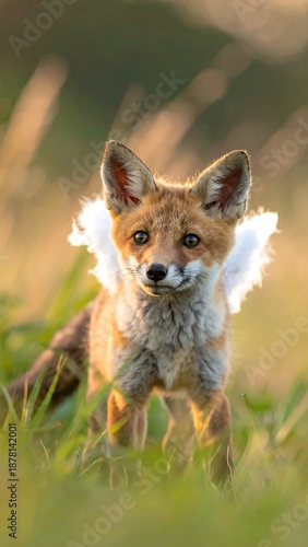 A young fox stands in tall grass, its fluffy fur catching sunlight. Bright eyes and a curious expression