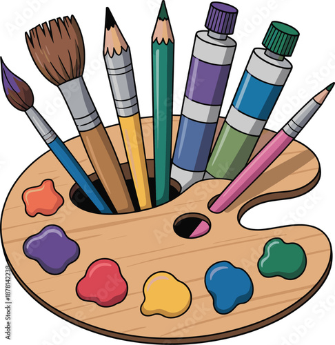 Art supplies on wooden palette on white background