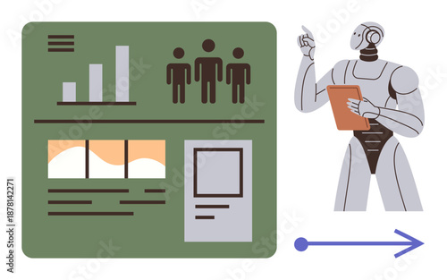 Artificial intelligence, data analysis, automation, workforce management, business analytics, decision-making. Robot with a clipboard pointing to a dashboard with graphs and icons. Artificial