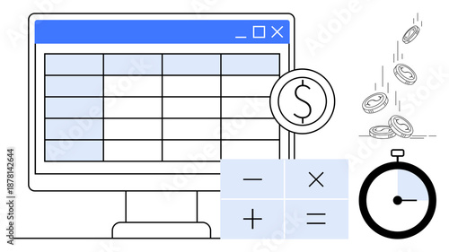 Budget planning, financial analysis, productivity tools, time management, currency calculation, business software. Computer screen with spreadsheet, calculator stopwatch coins. Financial analysis