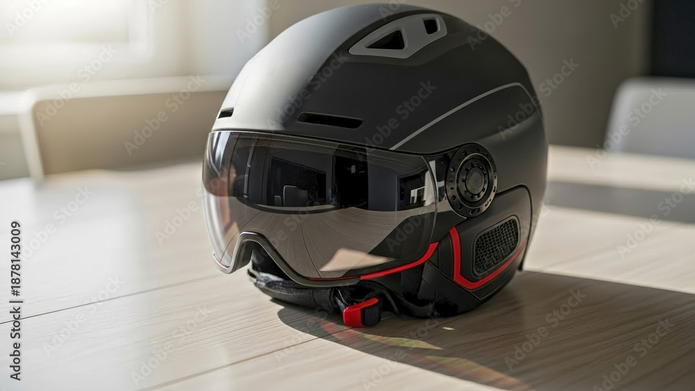 Fototapeta premium Modern dark ski helmet with tinted visor on light wooden table, protective equipment features adjustable vents and safety straps for winter sports.