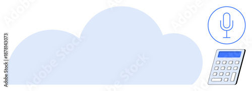 Cloud computing, voice technology, digital tools, online storage, data processing, IT solutions. A cloud symbol with a microphone and calculator icons. Cloud computing and voice technology concept