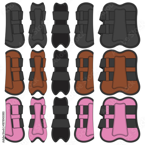 Set of color illustrations of horse boots, leg protection. Isolated vector objects on white background.