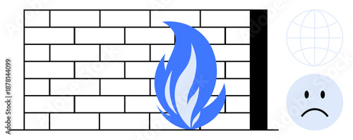 Firewall protection. A brick wall with a blue flame cybersecurity. Firewall protecting online data and reducing cybersecurity threats. For IT systems, data safety, network defense, internet security
