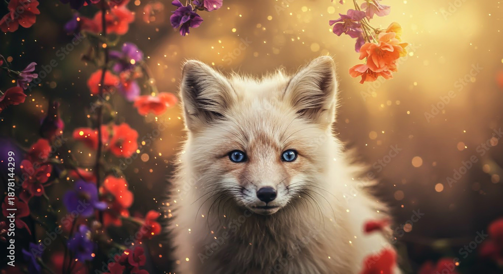 Obraz premium Fluffy fox with blue eyes among vibrant flowers.