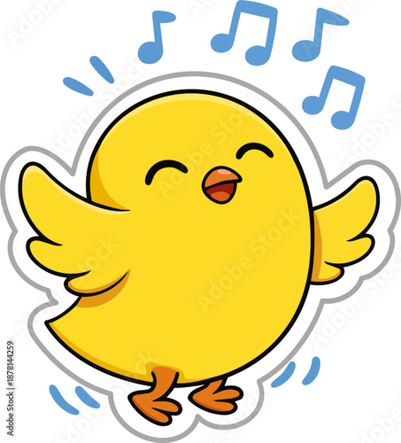 Happy yellow bird singing with music notes, symbolizing joy and love.