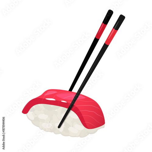 Nigiri sushi with tuna held by chopsticks, traditional Japanese sushi food illustration, minimal vector illustration isolated on white background.