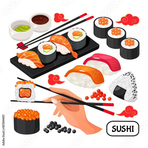 Japanese sushi food illustration set with nigiri sushi, maki rolls, gunkan maki with salmon roe, onigiri rice ball, sushi set on plate, soy sauce bowls, chopsticks , etc. traditional Asian cuisine