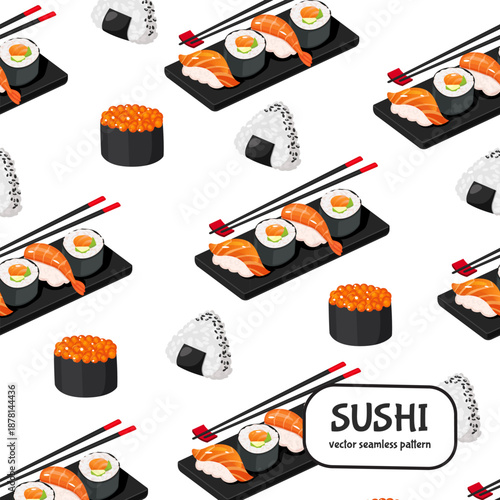 Seamless sushi pattern with sushi set on plates, nigiri sushi, maki rolls, salmon sushi, ikura gunkan and onigiri rice balls with chopsticks, Japanese food vector illustration on white background.
