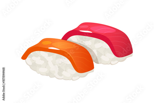 Japanese Nigiri Sushi with Salmon and Tuna, Traditional Asian Seafood Cuisine Illustration Isolated on White Background, Japanese Food Icon for Restaurant Menu and Packaging Design.