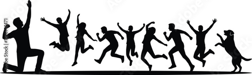 Black silhouette illustration of happy people jumping and running together celebrating success freedom teamwork energy isolated on white background for youth lifestyle concept