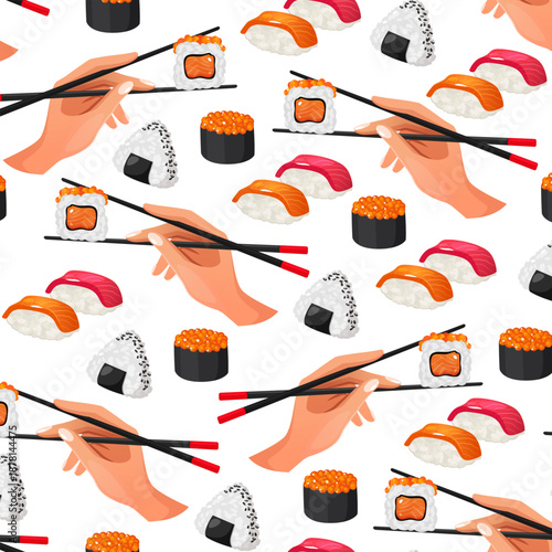 Seamless sushi pattern with hands holding chopsticks, nigiri sushi, salmon and tuna sushi, onigiri rice balls and ikura gunkan, Japanese food vector print on white background