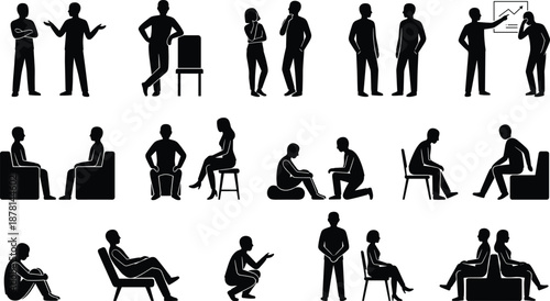 Black silhouette illustration set of business people sitting standing discussing coaching interviewing and presenting ideas isolated on white background corporate communication concept