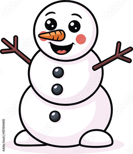 Happy snowman with carrot nose on white background