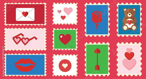 Valentine's Day Postage Stamps with Hearts Roses Teddy Bear and Love Symbols Flat Design