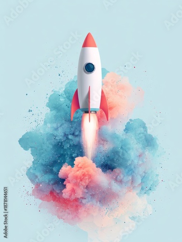 Creative Rocket Launch with Colorful Smoke Explosion Representing Startup Growth and Innovation