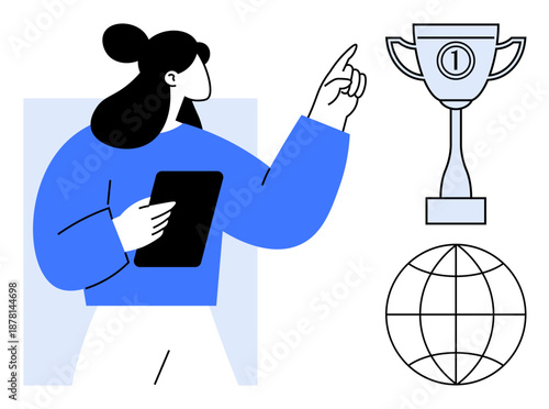 Achievement concept. Achievement with a woman pointing at a trophy and globe success. Achievement in business, education, sports, or global recognition. Great for innovation, leadership