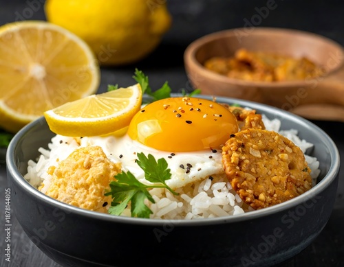 Bright yolk atop rice in a bowl. Lemon slices & parsley garnish. Bowl of fried snacks in background