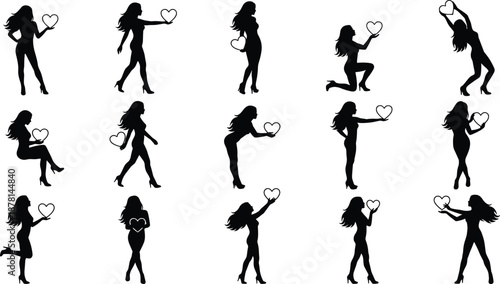 Black silhouette illustration set of elegant women holding heart shapes in romantic poses isolated on white background for love valentines day design concepts