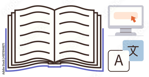 Language learning, translation services, digital education, multilingual support, global communication, accessibility. Open book with digital tools thumbs up a computer and icons. Language learning