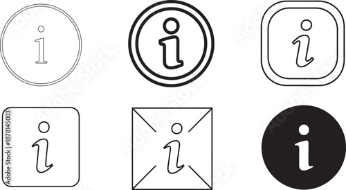 Set of six information icons or symbols with lowercase letter i in various outline styles