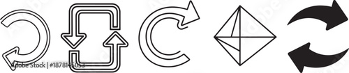 Set of five different refresh, reload, recycle, and update icons and symbols in outline and solid styles