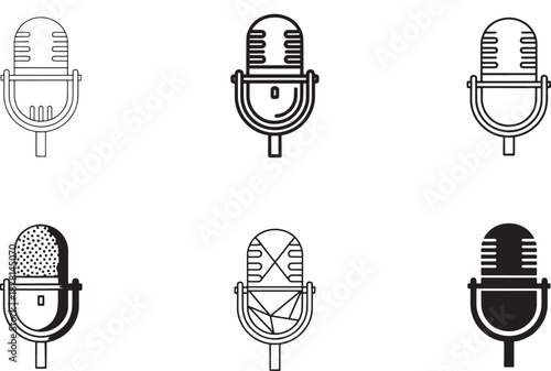 Set of six vintage microphone icons in outline and solid styles for audio recording and broadcasting
