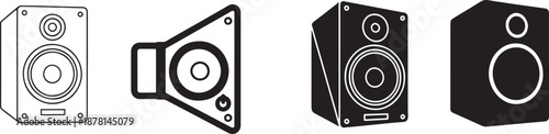 Collection of four speaker icons and symbols in black and white line art and silhouette styles