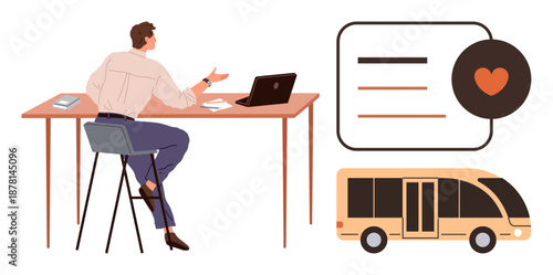 Business, transportation, technology usage, remote work, logistics, productivity. A person sits at a desk with a laptop beside a bus and heart icon. Business and transportation concept