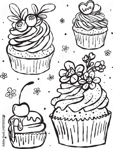 Hand Drawn  Line Art Set with Floral and Berry Decorations