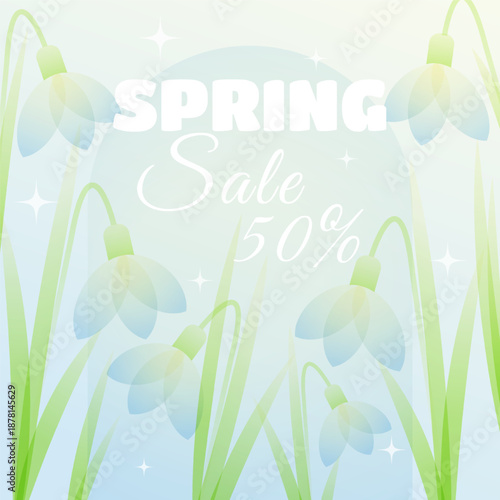 Discount banner for the spring sale with snowdrop flowers