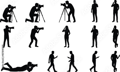 Black silhouette illustration set of photographers filming shooting and people using smartphones capturing media content isolated on white background professional photography concept