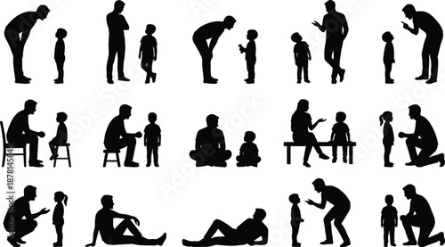 Black silhouette illustration set of parents interacting with children showing communication guidance care education and family bonding moments isolated on white background concept