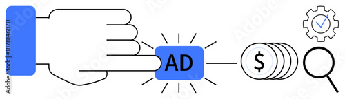 Hand pressing blue ad button leading to dollar coins, magnifying glass, and gear with checkmark. Ideal for digital marketing, online advertising, targeting, ROI, PPC strategy, business growth simple