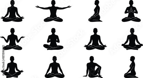 Black silhouette illustration set of women practicing yoga meditation in seated lotus poses showing calm mindfulness balance and relaxation isolated on white background wellness concept