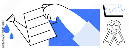 Business growth, success, achievement, data analysis, productivity, innovation. Hand watering with a watering can, growth chart and award ribbon. Growth and success concepts illustrated