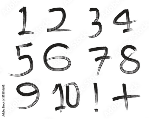 Handwritten numbers 1 to 11 with exclamation mark and plus sign