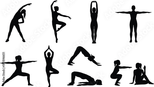 Black silhouette yoga fitness poses of women demonstrating stretching balance strength exercises isolated on white background for wellness training illustration and mindfulness practice concepts