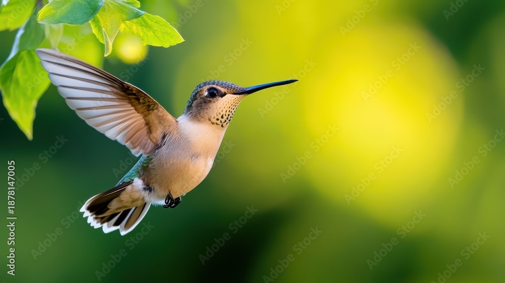 Fototapeta premium Colorful hummingbird hovering near lush green leaves in springtime