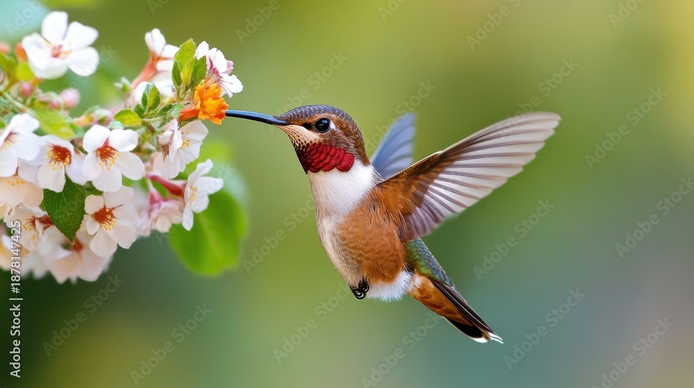 Fototapeta premium Beauty of a hummingbird sipping nectar from blossoms in springtime