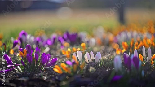 Beautiful spring crocuses flowering on meadow in warm light, calm and inspiring 4K slow motion