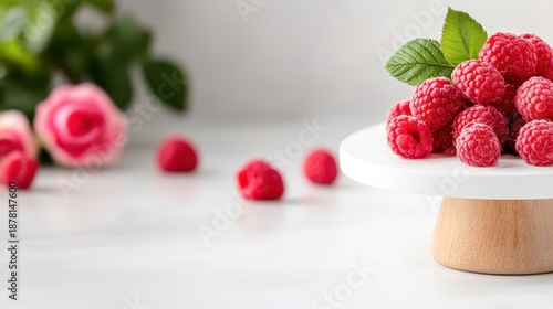 Wallpaper Mural Delicious raspberries and pink roses create a charming dessert display Torontodigital.ca