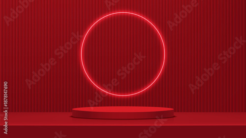 Realistic bright red cylindrical 3d podium with lighting neon circle for the presentation