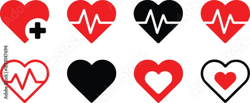 heart vector icons set ecg pulse cross and solid heart shapes