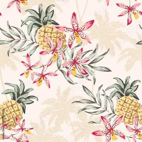 Tropical pineapples, orchid flowers, palm trees silhouettes, blush background. Vector seamless pattern. Floral illustration. Exotic plants, fruits. Summer beach design. Paradise nature