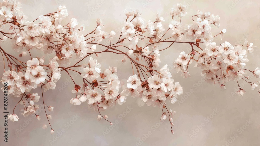 Obraz premium Delicate Cherry Blossom Branches with Soft Pink Flowers Against a Subtle Pastel Background for Spring Aesthetic