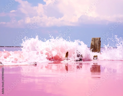 Pink water waves crashing on a weathered post under a cloudy blue sky reflecting in the water