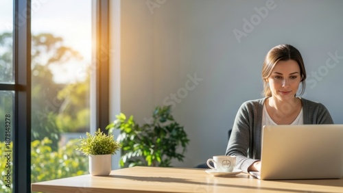 Young professional woman working on laptop in bright minimalist home office with natural sunlight and coffee