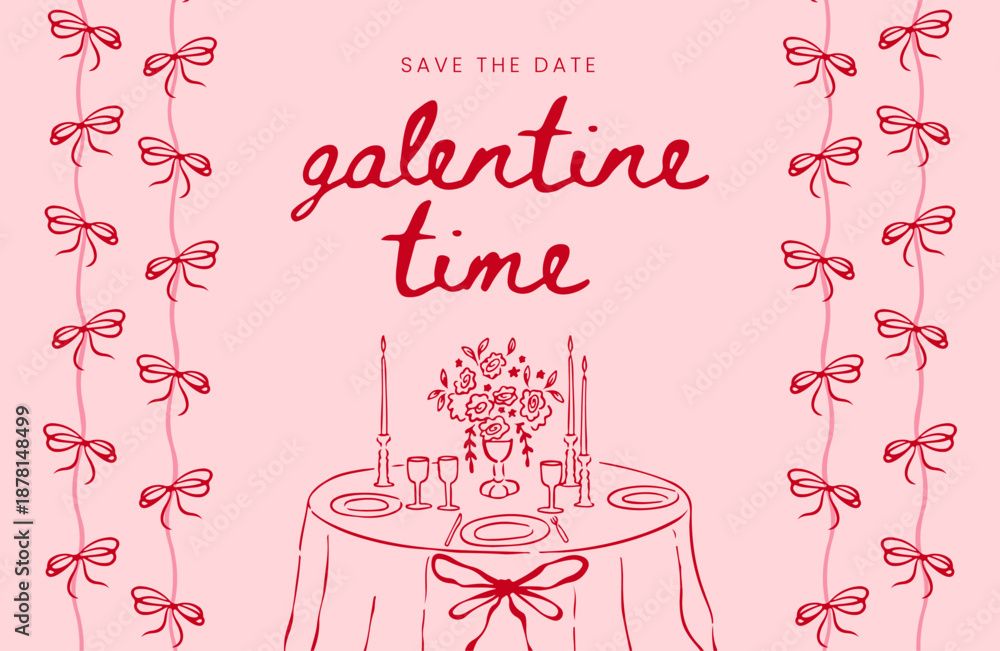Fototapeta premium Valentine and Galentine’s Day Hand-Drawn Doodle Background with Romantic Love Icons, Food, Drinks and ‘Galentine Time’ Typography in Red and Pink Vector Style
