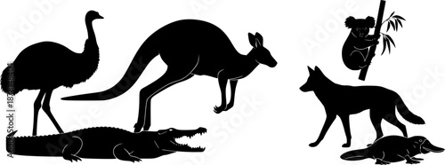 Australian Animals Silhouettes: Crocodile, Kangaroo, Emu, Koala, Dingo, and Platypus
